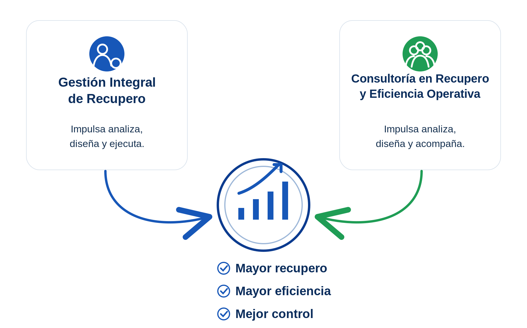 Gráfico de modalidades: Gestión Integral de Recupero y Consultoría en Recupero y Eficiencia Operativa convergen en mayor recupero, mayor eficiencia y mejor control.